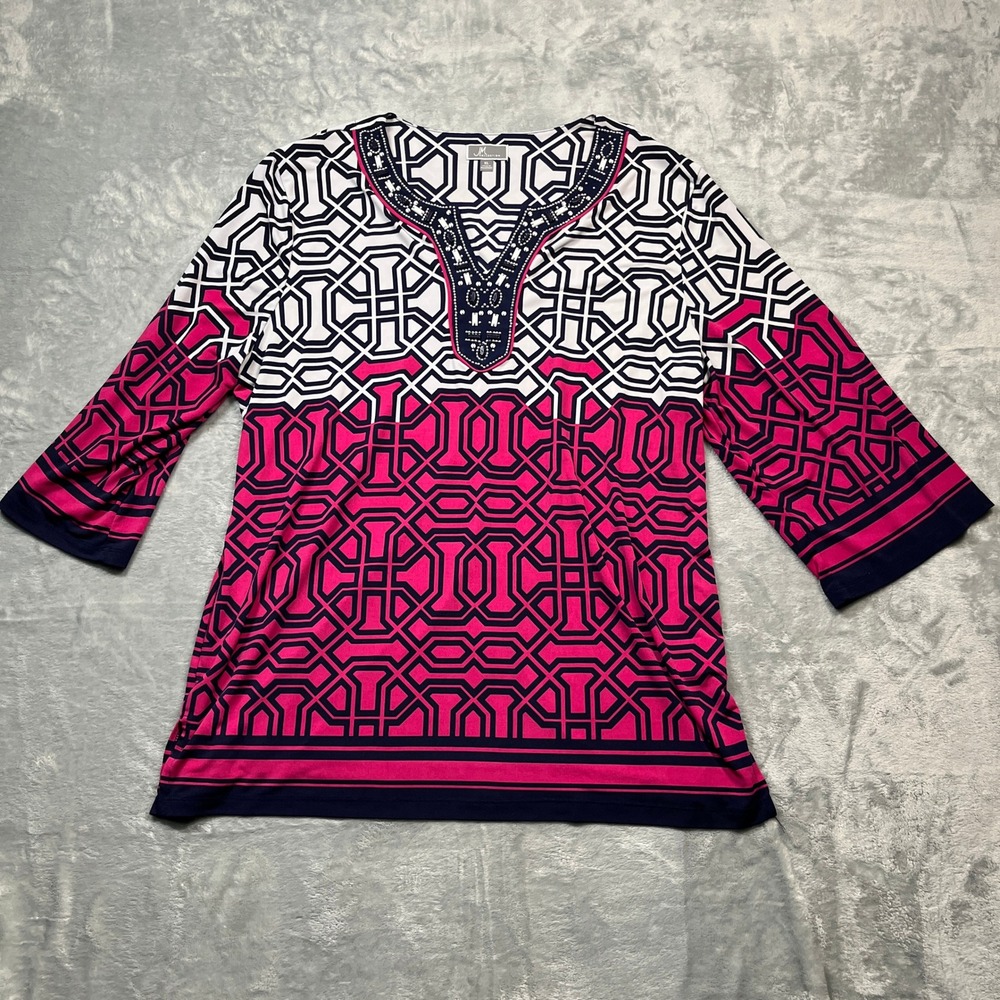 JM Collection Tunic Top Women Pink Navy Geometric Embellished 3/4 Sleeve XL
